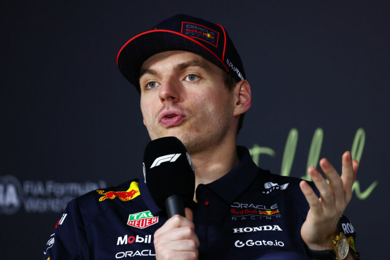 JEDDAH, SAUDI ARABIA - APRIL 20: Second placed Max Verstappen of the Netherlands and Oracle Red Bull Racing in the Drivers Press Conference during the F1 Grand Prix of Saudi Arabia at Jeddah Corniche Circuit on April 20, 2025 in Jeddah, Saudi Arabia. (Photo by Clive Rose/Getty Images) // Getty Images / Red Bull Content Pool // SI202504200347 // Usage for editorial use only //