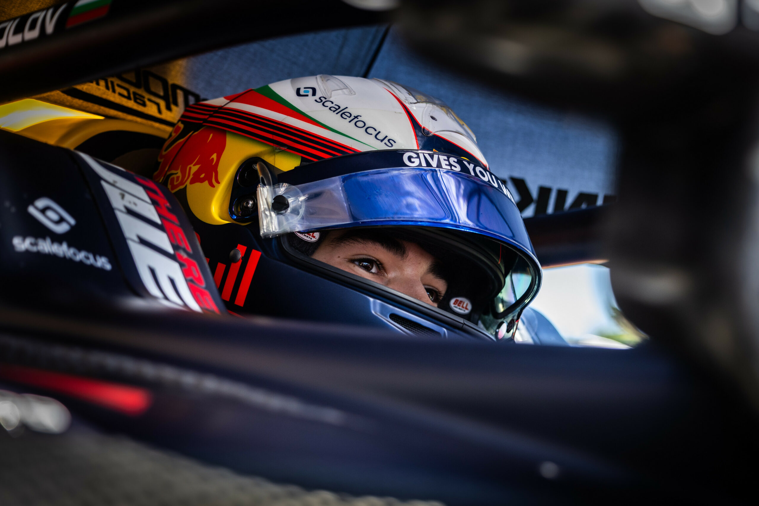 Close-up shot of Campos Racing driver Nikola Tsolov during the third round at the Imola GP