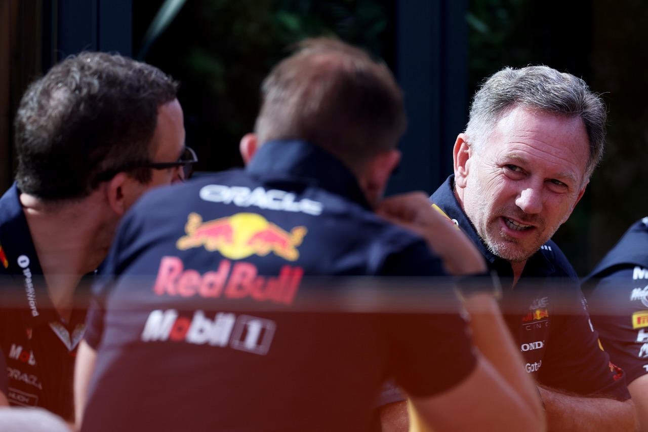 Christian Horner, Team Principal of Oracle Red Bull Racing looks on in the Paddock prior to final practice ahead of the F1 Grand Prix of Emilia-Romagna at Autodromo Internazionale Enzo e Dino Ferrari