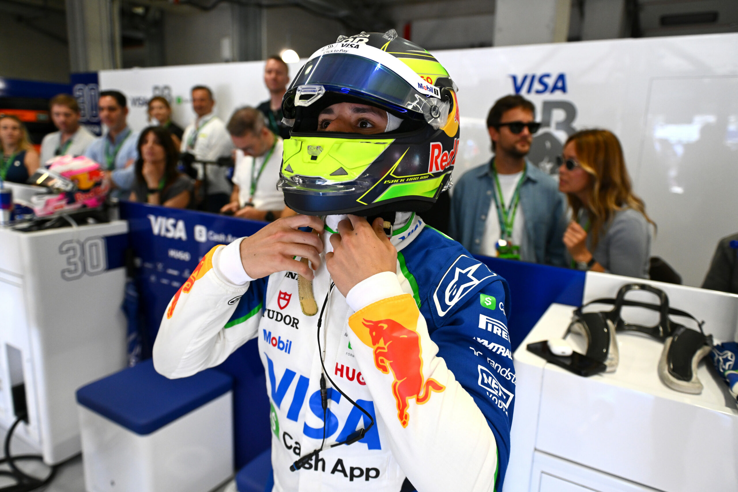 IMOLA, ITALY - MAY 18: Isack Hadjar of France and Visa Cash App Racing Bulls prepares to drive in the garage during the F1 Grand Prix of Emilia-Romagna at Autodromo Internazionale Enzo e Dino Ferrari on May 18, 2025 in Imola, Italy. (Photo by Rudy Carezzevoli/Getty Images) // Getty Images / Red Bull Content Pool // SI202505180511