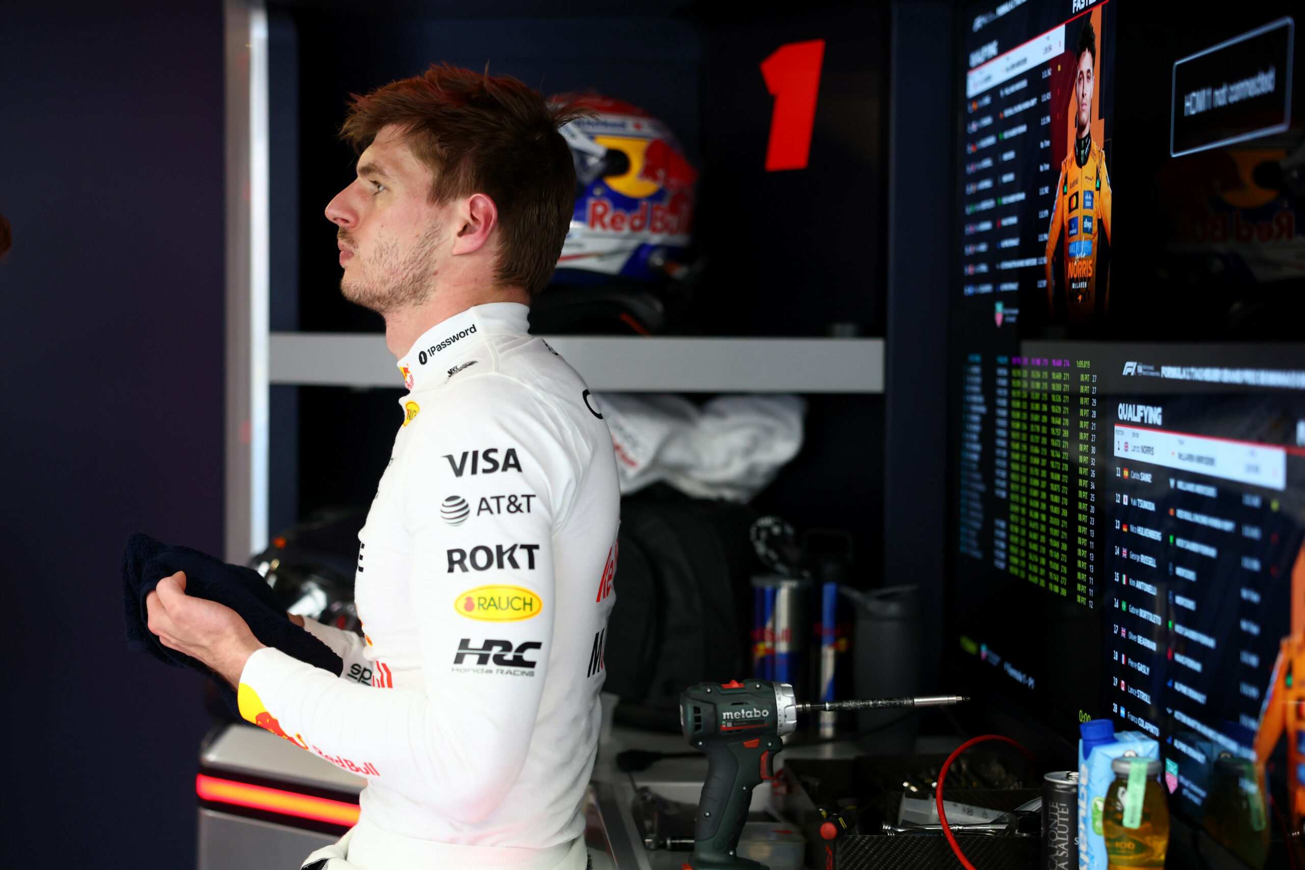 MONTE-CARLO, MONACO - MAY 24: Max Verstappen of the Netherlands and Oracle Red Bull Racing looks on in the garage during qualifying ahead of the F1 Grand Prix of Monaco at Circuit de Monaco on May 24, 2025 in Monte-Carlo, Monaco (Photo by Mark Thompson/Getty Images) // Getty Images / Red Bull Content Pool // SI202505240461 // Usage for editorial use only //