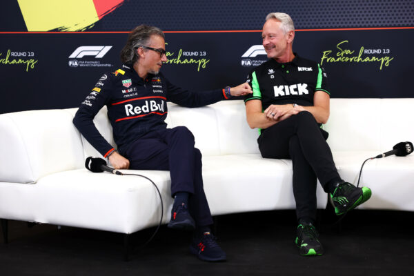 SPA, BELGIUM - JULY 25: Laurent Mekies, Team Principal of Oracle Red Bull Racing and Jonathan Wheatley, Team Principal of Stake F1 Team Kick Sauber in the Team Principals Press Conference during Sprint qualifying ahead of the F1 Grand Prix of Belgium at Circuit de Spa-Francorchamps on July 25, 2025 in Spa, Belgium.
