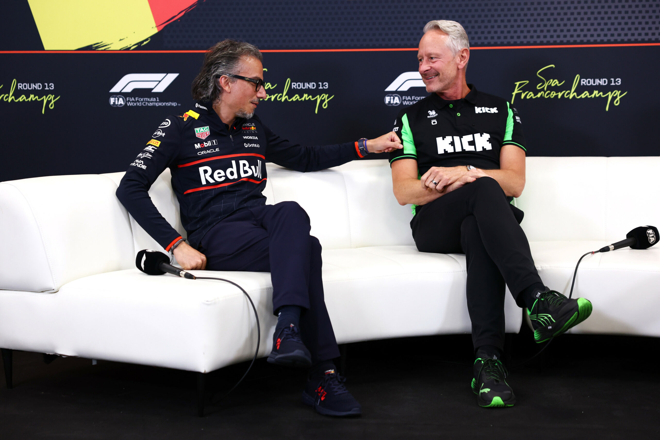 SPA, BELGIUM - JULY 25: Laurent Mekies, Team Principal of Oracle Red Bull Racing and Jonathan Wheatley, Team Principal of Stake F1 Team Kick Sauber in the Team Principals Press Conference during Sprint qualifying ahead of the F1 Grand Prix of Belgium at Circuit de Spa-Francorchamps on July 25, 2025 in Spa, Belgium.