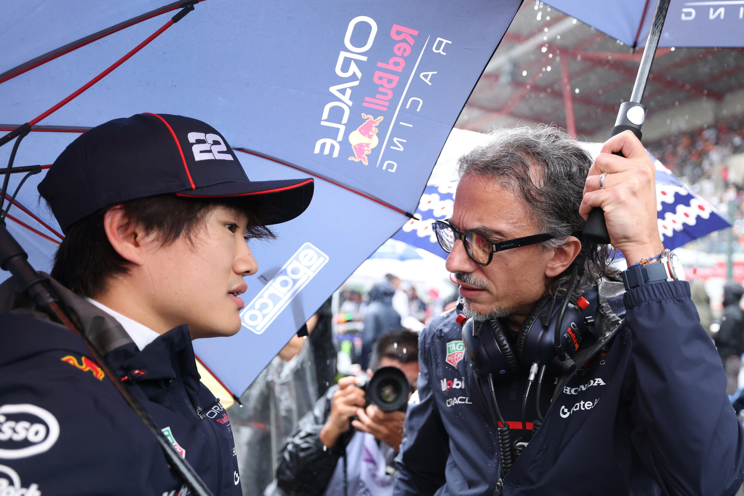 SPA, BELGIUM - JULY 27: Yuki Tsunoda of Japan and Oracle Red Bull Racing with Laurent Mekies, Team Principal of Oracle Red Bull Racing during the F1 Grand Prix of Belgium at Circuit de Spa-Francorchamps on July 27, 2025 in Spa, Belgium. (Photo by Mark Thompson/Getty Images) // Getty Images / Red Bull Content Pool // SI202507271780 // Usage for editorial use only //