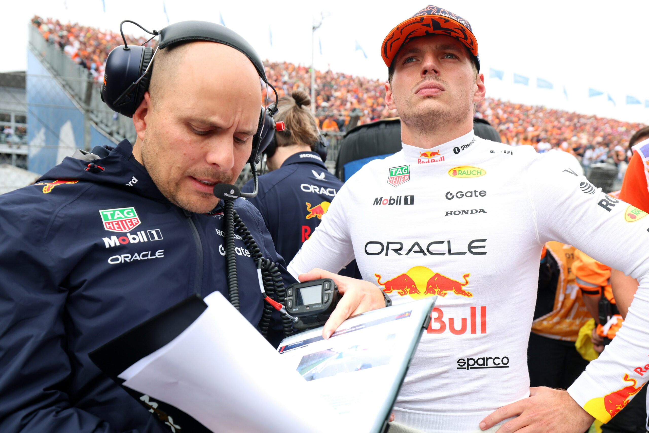 Max Verstappen with his Red Bull Racing engineer at the F1 Dutch GP.
