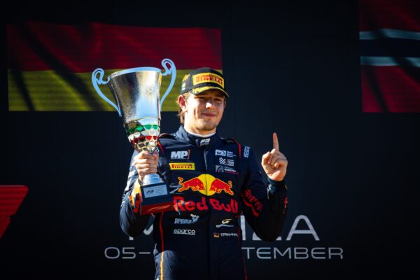 Tramnitz on the podium after winning the 2025 F3 Sprint Race in Imola