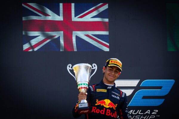 Campos Racing's Arvid Lindblad on the podium after F2 Sprint Race at Italian GP.