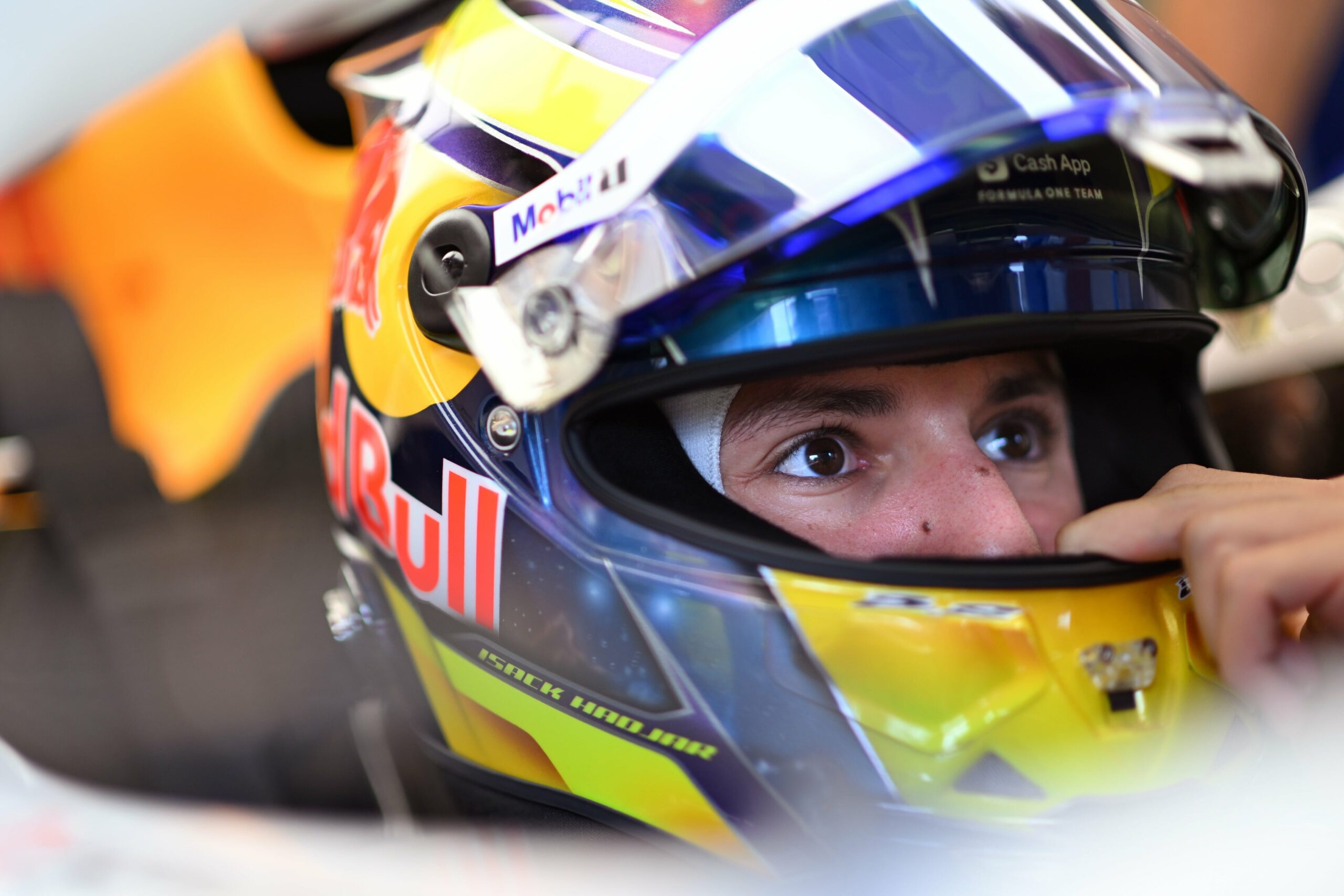 Isack Hadjar in the VCARB garageon Thursday ahead of the 2025 Azerbaijan Grand Prix