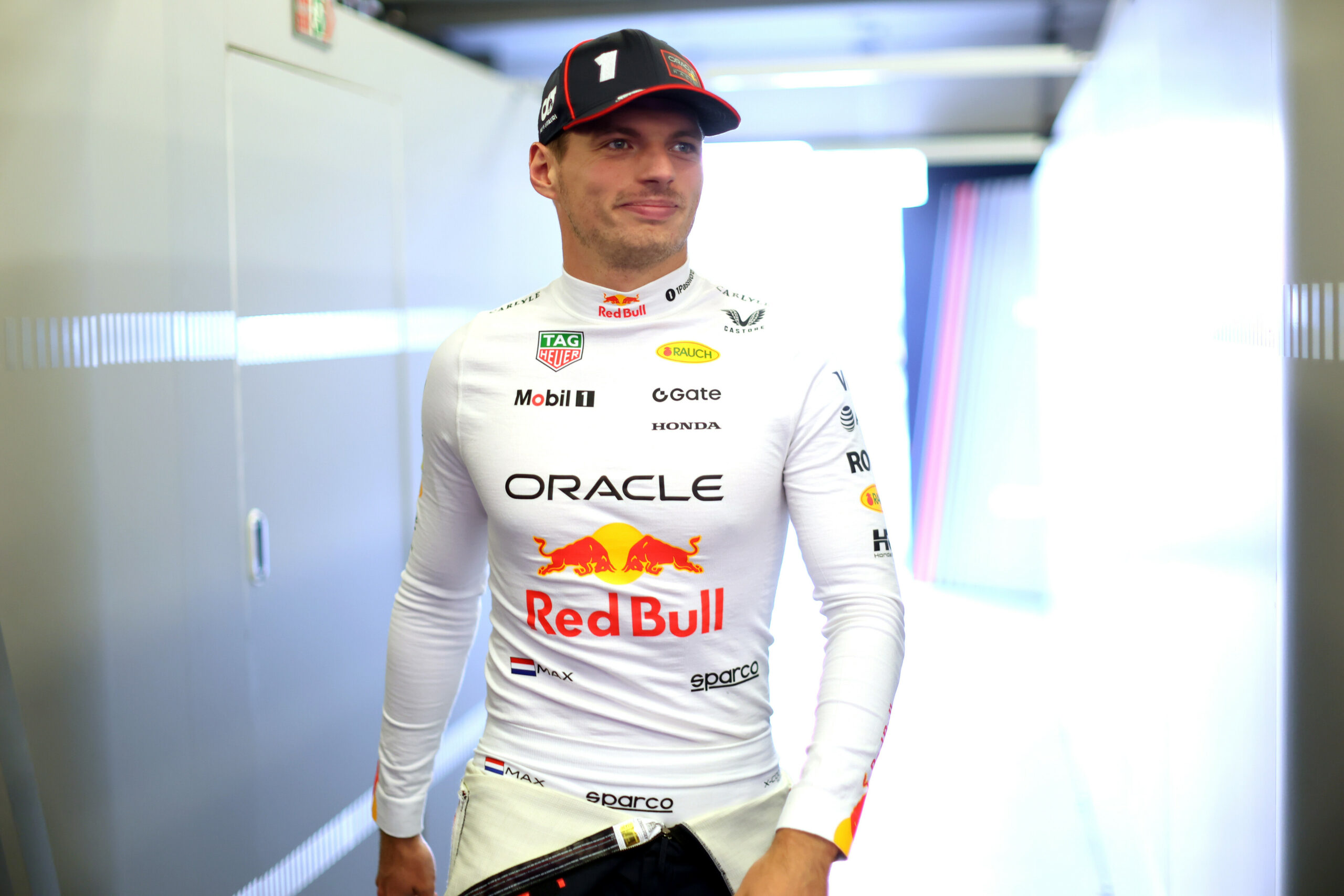 Max Verstappen in the Red Bull garage during FP2 at the F1 Azerbaijan GP