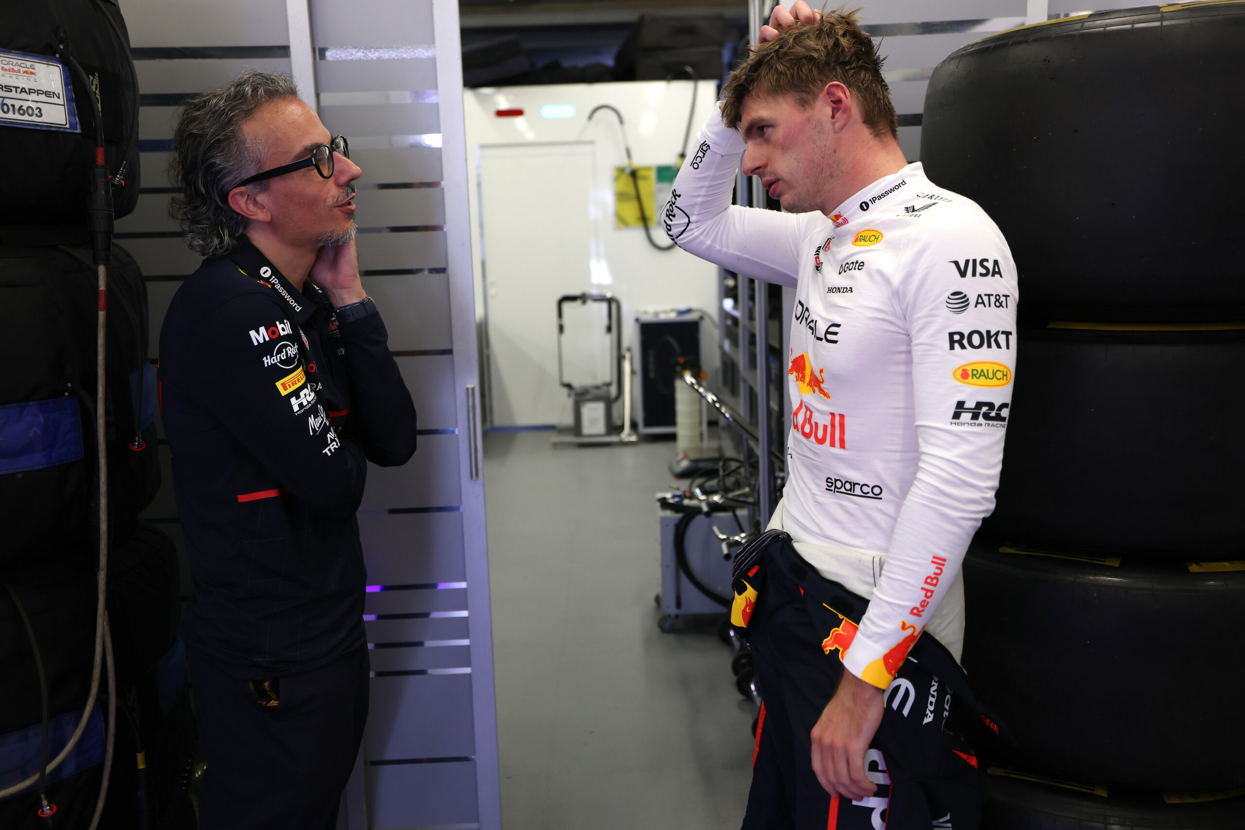 Red Bull team principal Laurent Mekies and Driver and F1 Drivers' Championship contender Max Verstappen