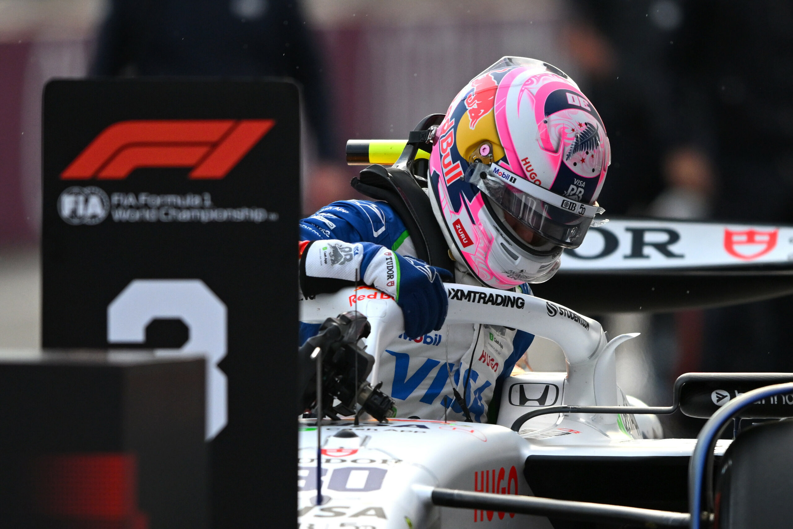 Racing Bulls' Liam Lawson climbing out of his car after putting it in P3 during the F1 Azerbaijan GP Qualifying session