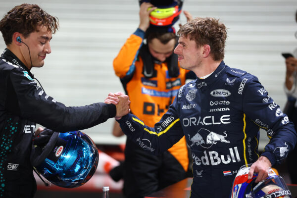 Max Verstappen and George Russell at the 2025 F1 Singapore GP