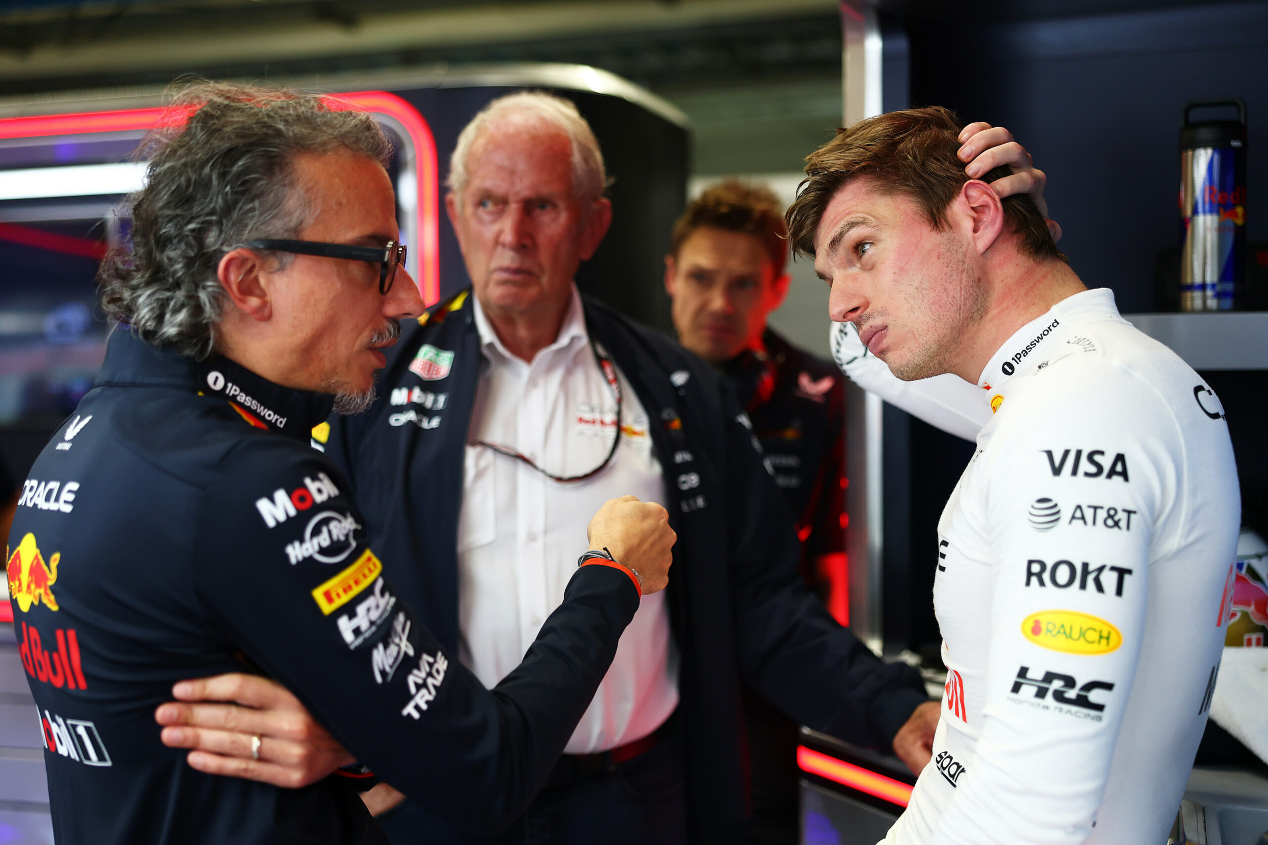 Red Bull team principal Laurent Mekies and driver Max Verstappen during the F1 São Paulo GP