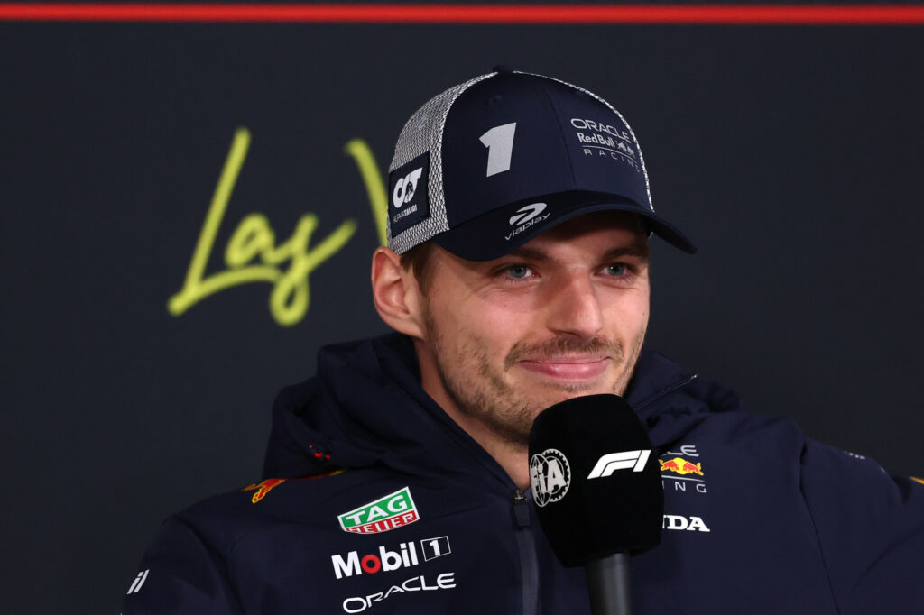 LAS VEGAS, NEVADA - NOVEMBER 19: Max Verstappen of the Netherlands and Oracle Red Bull Racing speaks in the Drivers Press Conference during previews ahead of the F1 Grand Prix of Las Vegas at Las Vegas Strip Circuit on November 19, 2025 in Las Vegas, Nevada.