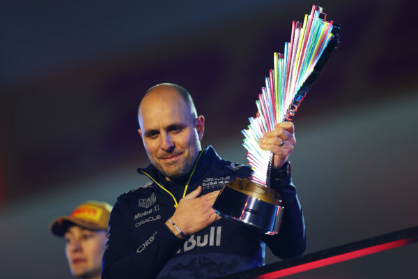 Gianpiero Lambiase from Red Bull celebrates on the poidum of the 2025 F1 Las Vegas GP.