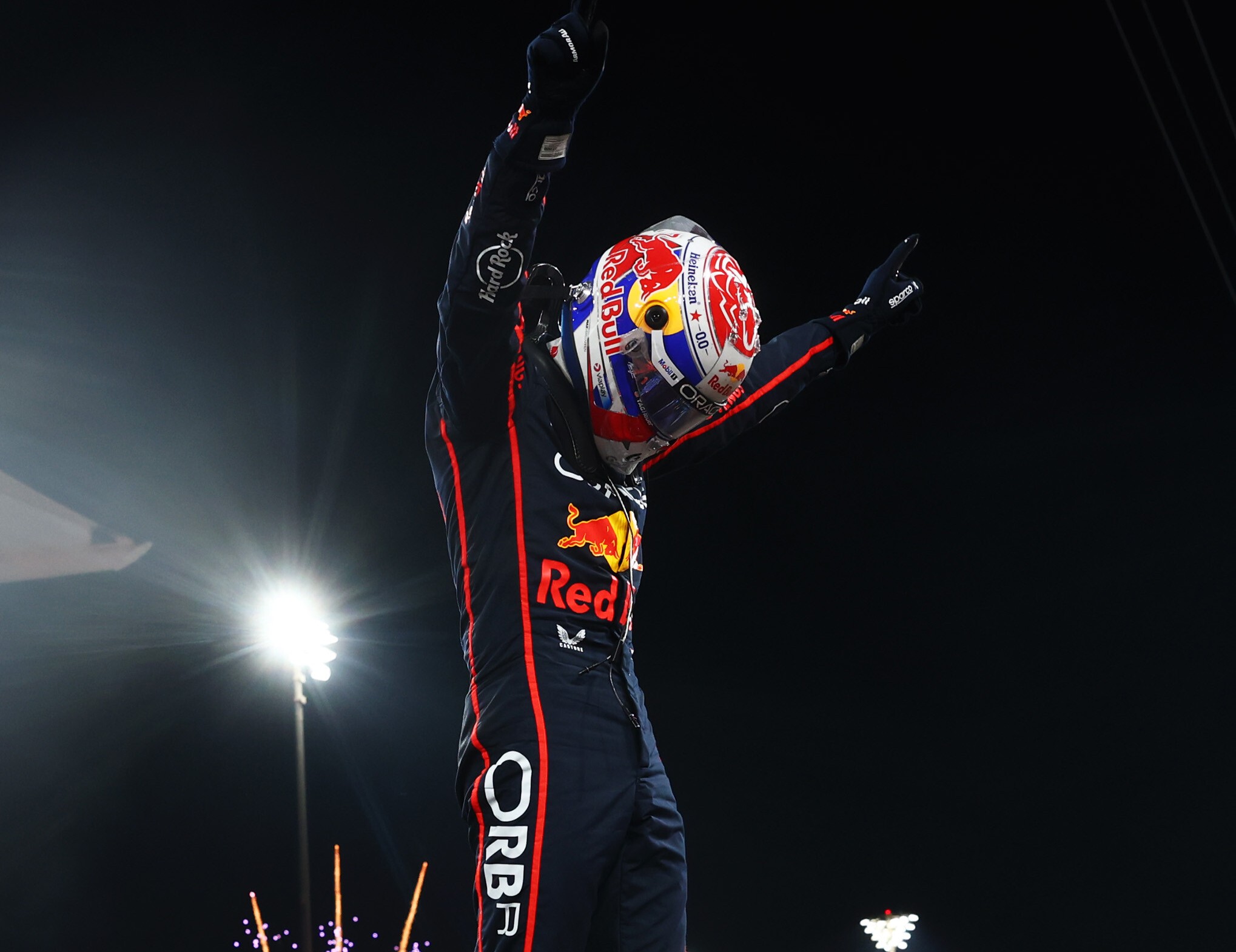 Red Bull Racing's Max Verstappen celebrating his victory at the F1 Abu Dhabi GP, the 2025 season finale.
