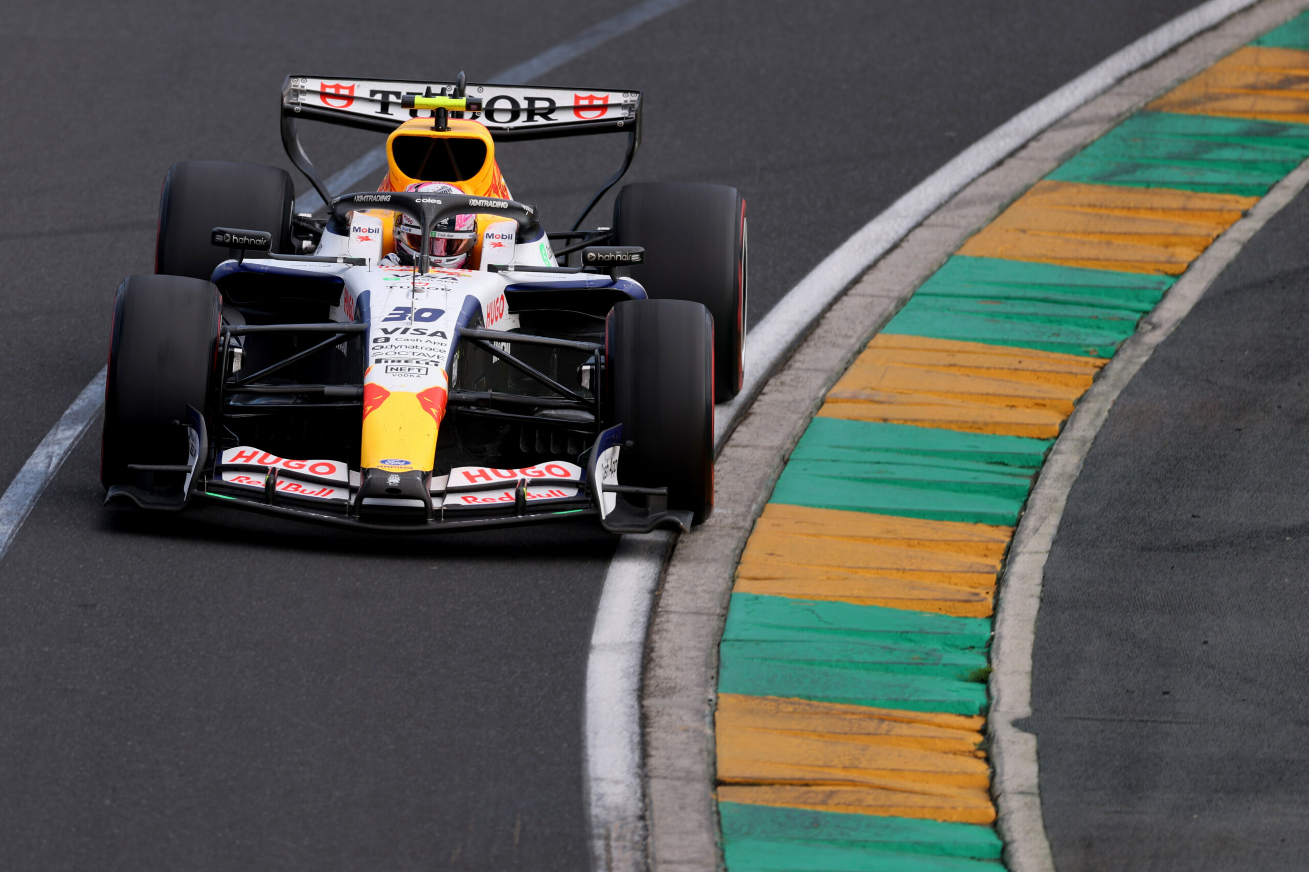 Racing Bulls' Liam Lawson at the 2026 F1 Australian GP. He qualified 8th but a poor start dropped him down the order, finishing 13th.