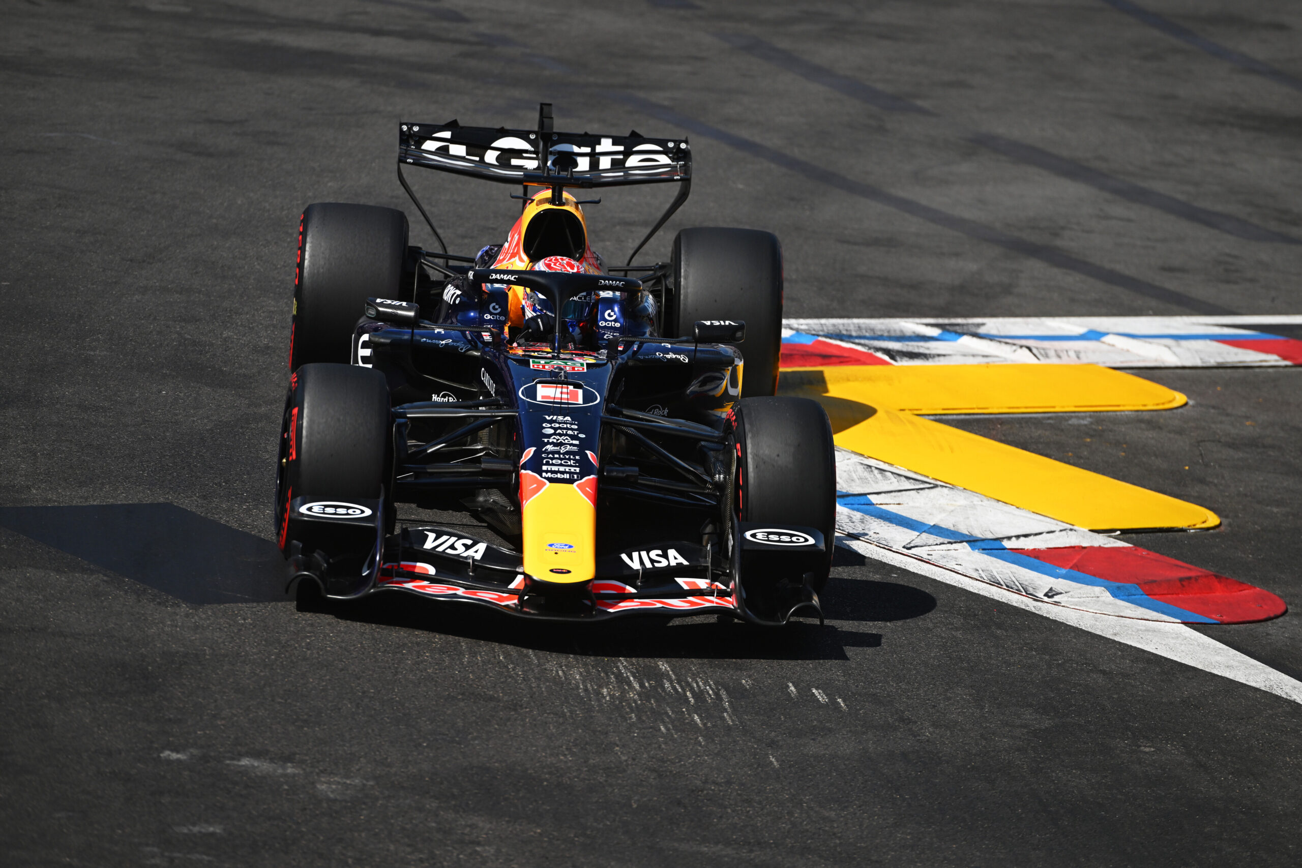 Max Verstappen on track for Red Bull in qualifying for the 2026 F1 Monaco GP.