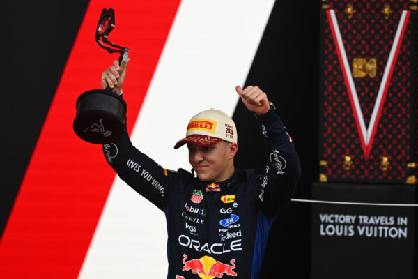 Isack Hadjar of Red Bull on the podium for the 2026 F1 Monaco GP.