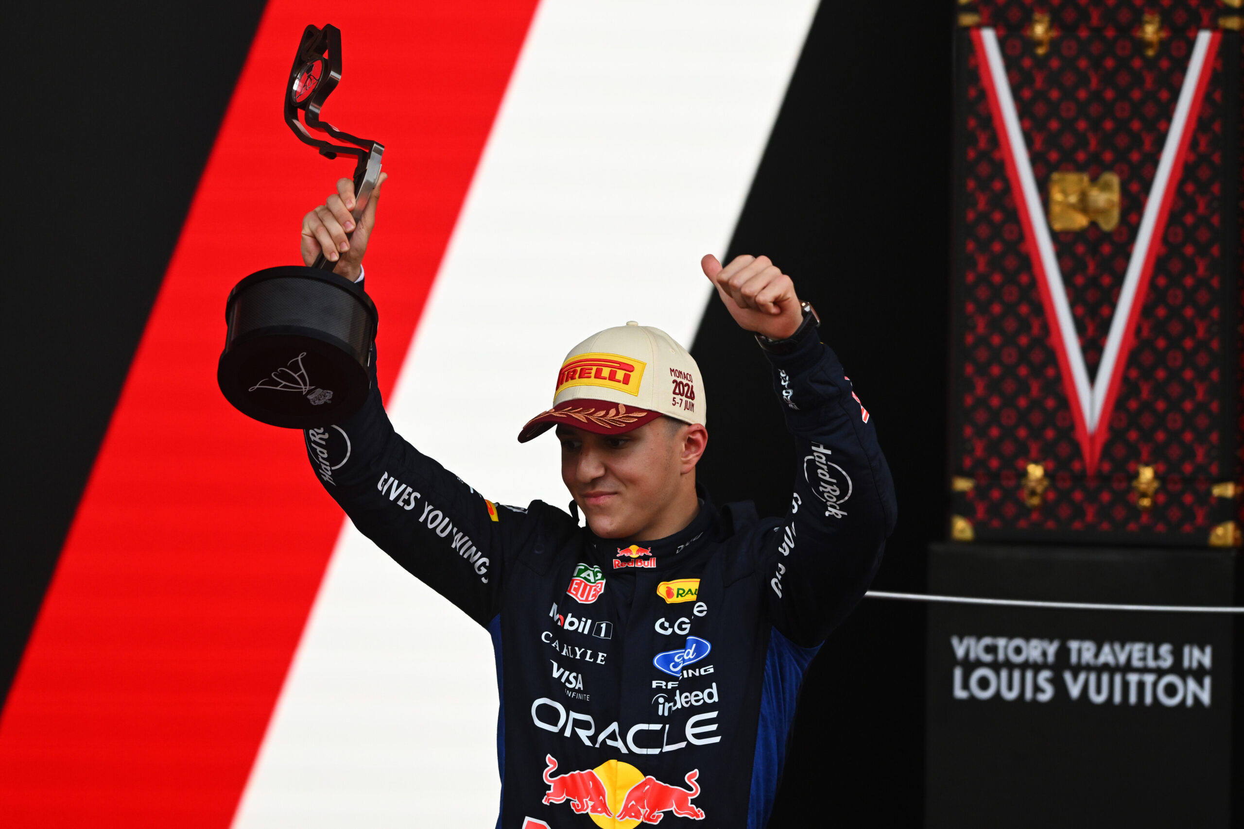 Isack Hadjar of Red Bull on the podium for the 2026 F1 Monaco GP.