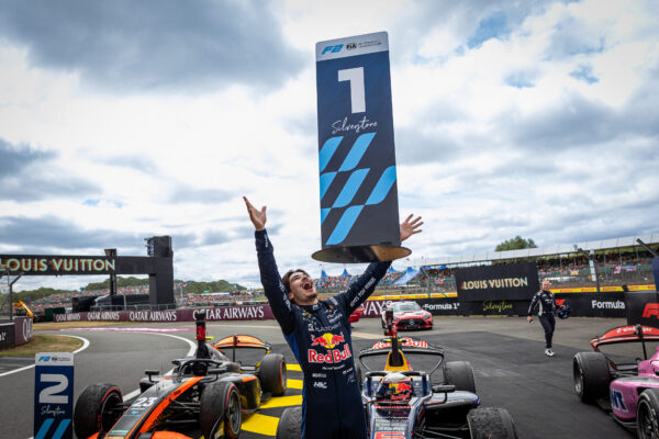 Campos Racing's Nikola Tsolov after his Feature Race victory at the 2026 F2 Silverstone round.