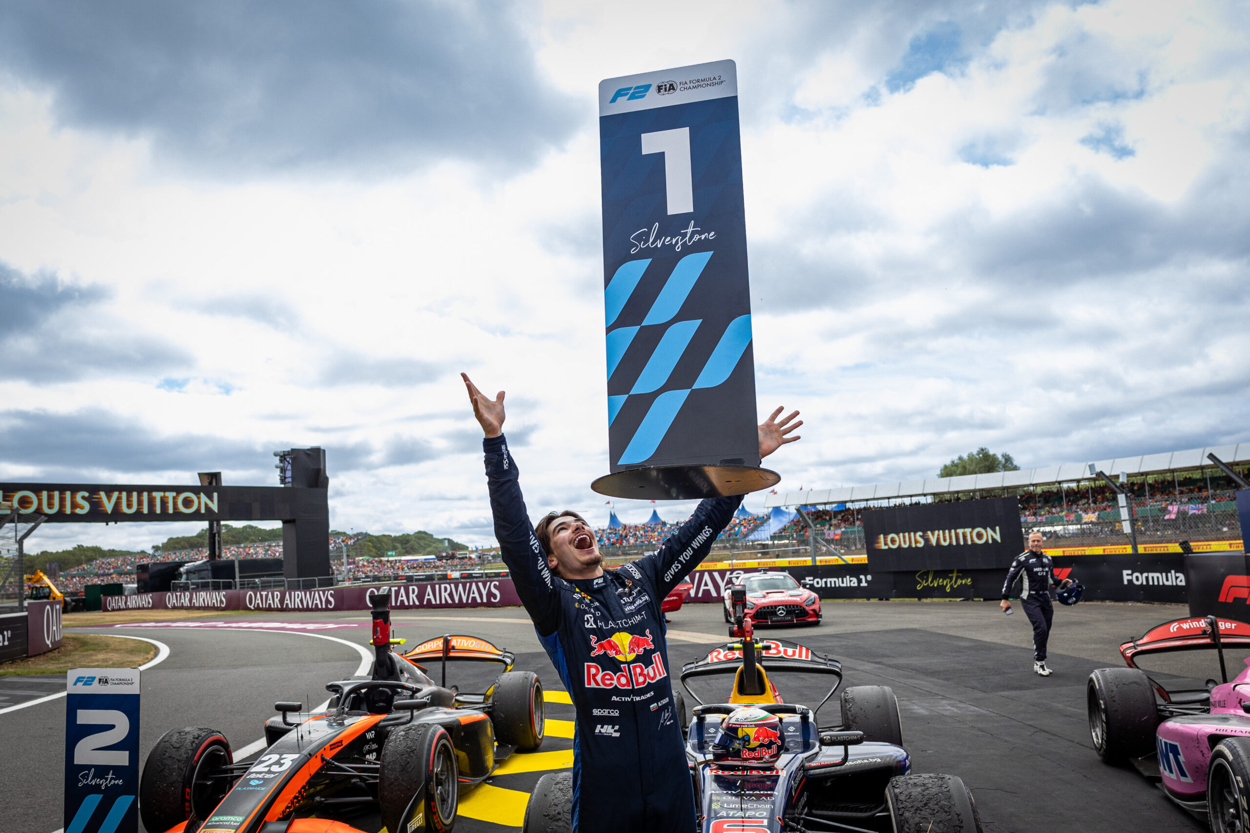 Campos Racing's Nikola Tsolov after his Feature Race victory at the 2026 F2 Silverstone round.