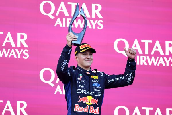 BAKU, AZERBAIJAN - SEPTEMBER 26: Third placed Isack Hadjar of France and Oracle Red Bull Racing celebrates on the podium during the F1 Grand Prix of Azerbaijan at Baku City Circuit on September 26, 2026 in Baku, Azerbaijan. (Photo by Alastair Staley/LAT Images) // Getty Images / Red Bull Content Pool // SI202609260272 // Usage for editorial use only //