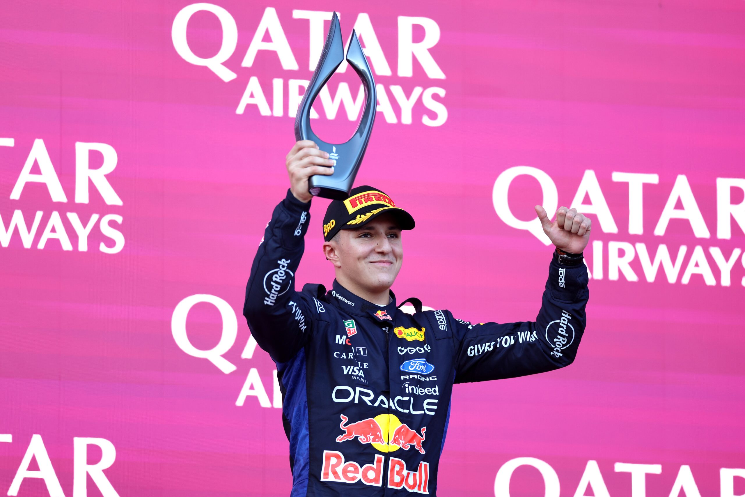 BAKU, AZERBAIJAN - SEPTEMBER 26: Third placed Isack Hadjar of France and Oracle Red Bull Racing celebrates on the podium during the F1 Grand Prix of Azerbaijan at Baku City Circuit on September 26, 2026 in Baku, Azerbaijan. (Photo by Alastair Staley/LAT Images) // Getty Images / Red Bull Content Pool // SI202609260272 // Usage for editorial use only //
