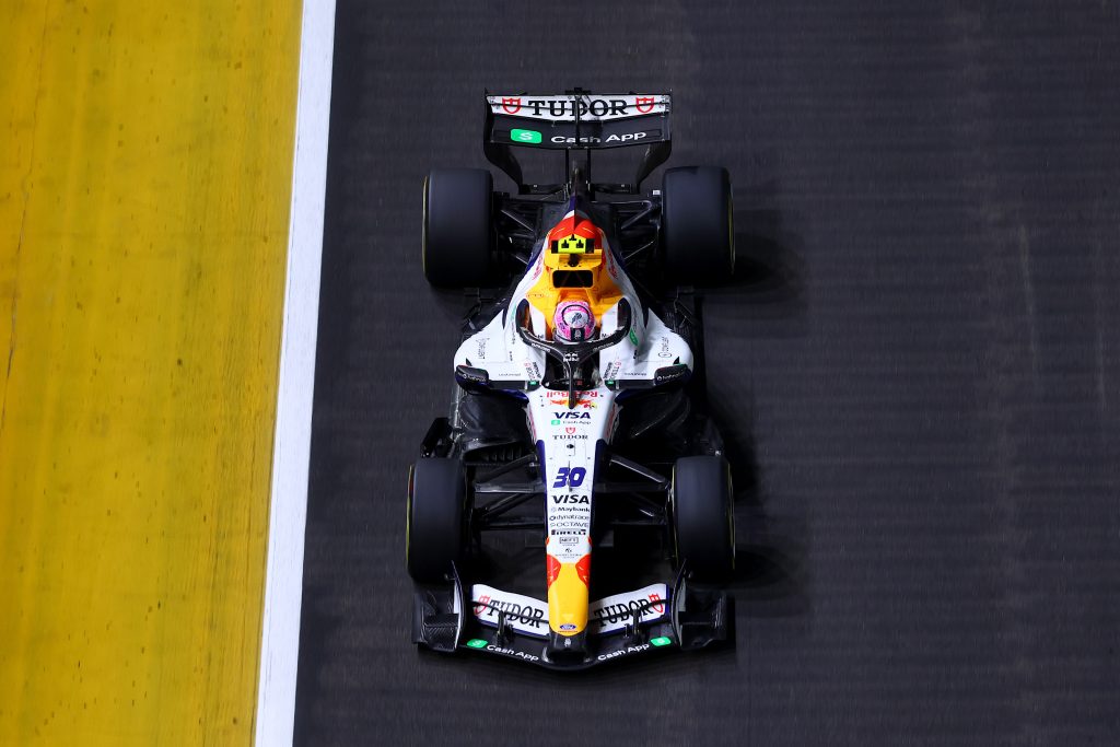 SINGAPORE, SINGAPORE - OCTOBER 11: Liam Lawson of New Zealand driving the (30) Visa Cash App Racing Bulls VCARB 03 RB Ford on track during the F1 Grand Prix of Singapore at Marina Bay Street Circuit on October 11, 2026 in Singapore, Singapore. (Photo by Joe Portlock/Getty Images) // Getty Images / Red Bull Content Pool // SI202610110420 // Usage for editorial use only //