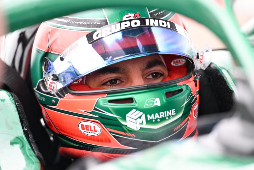 Salvador de Alba for HMD Motorsports in Indy NXT. Close up helmet photo.