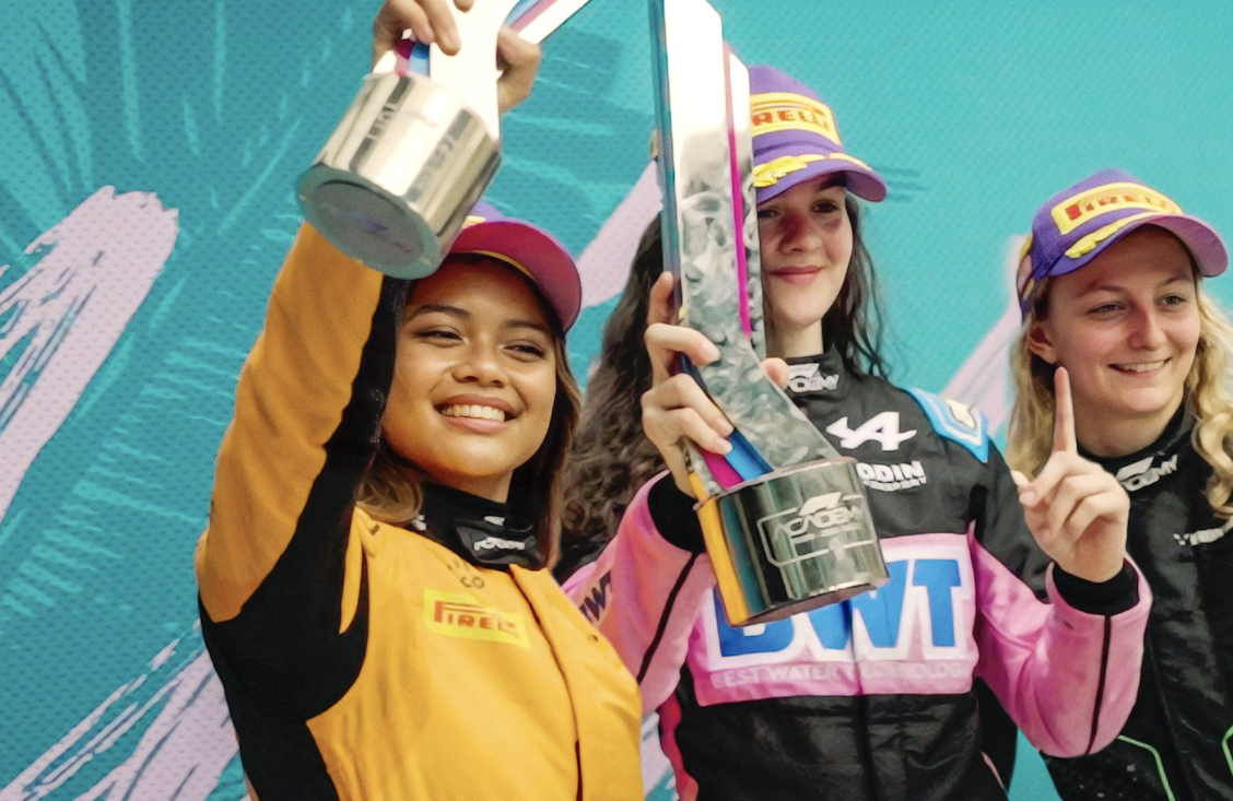 F1 Academy drivers Bianca Bustamante, Abbi Pulling and Doriane Pin ahead of the release of F1: The Academy