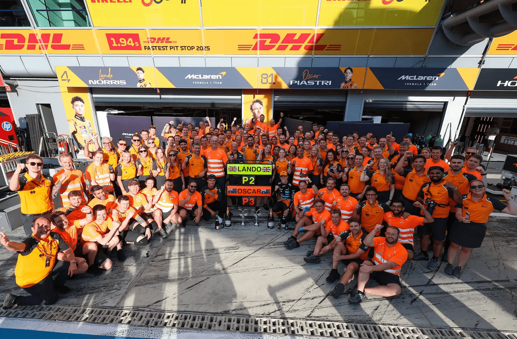 McLaren F1 team celebrate a P2 and P3 finish for Lando Norris and Oscar Piastri at the F1 Italian GP 2025