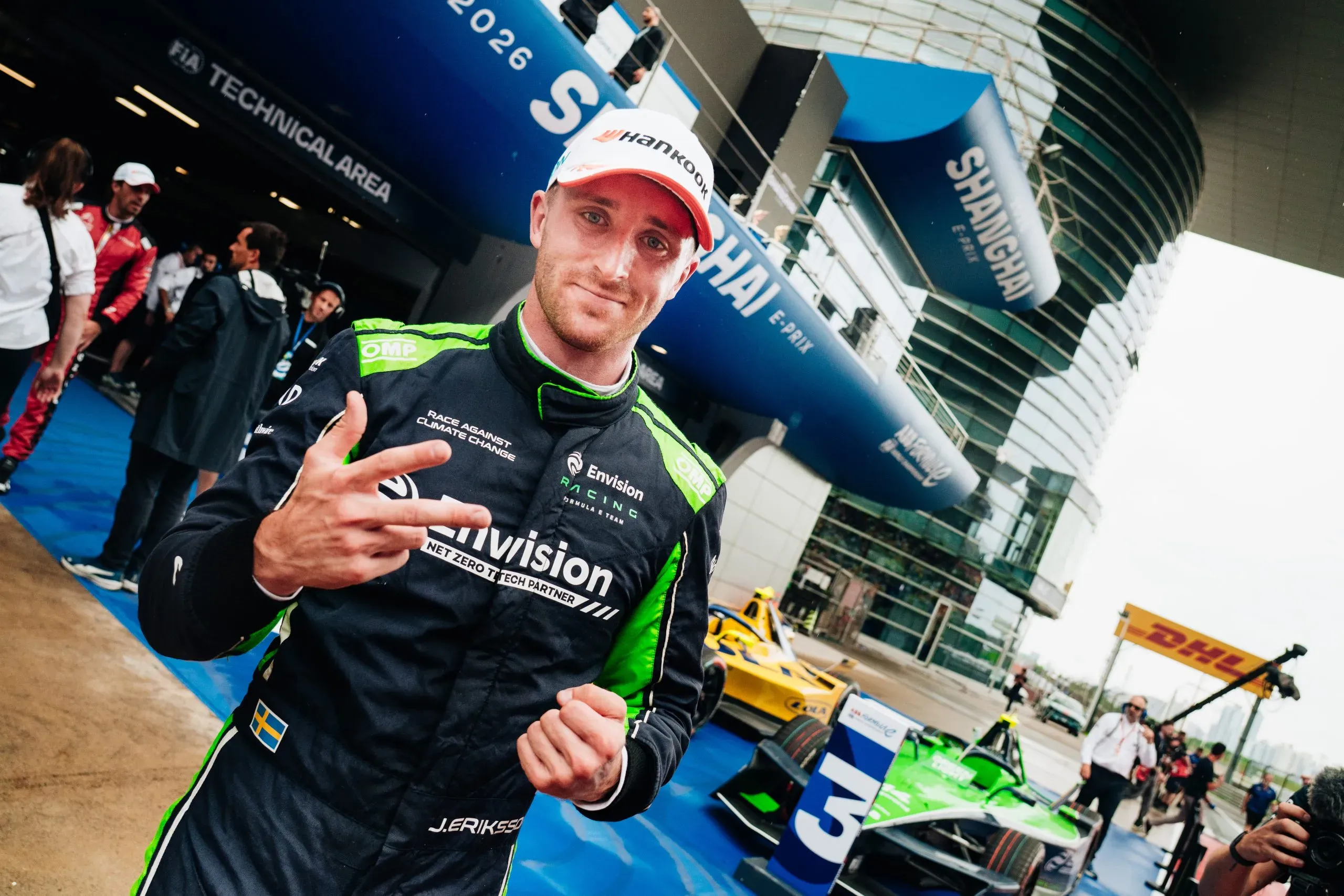Joel Eriksson celebrates his maiden Formula E podium for Envision Racing at the Shanghai E-Prix