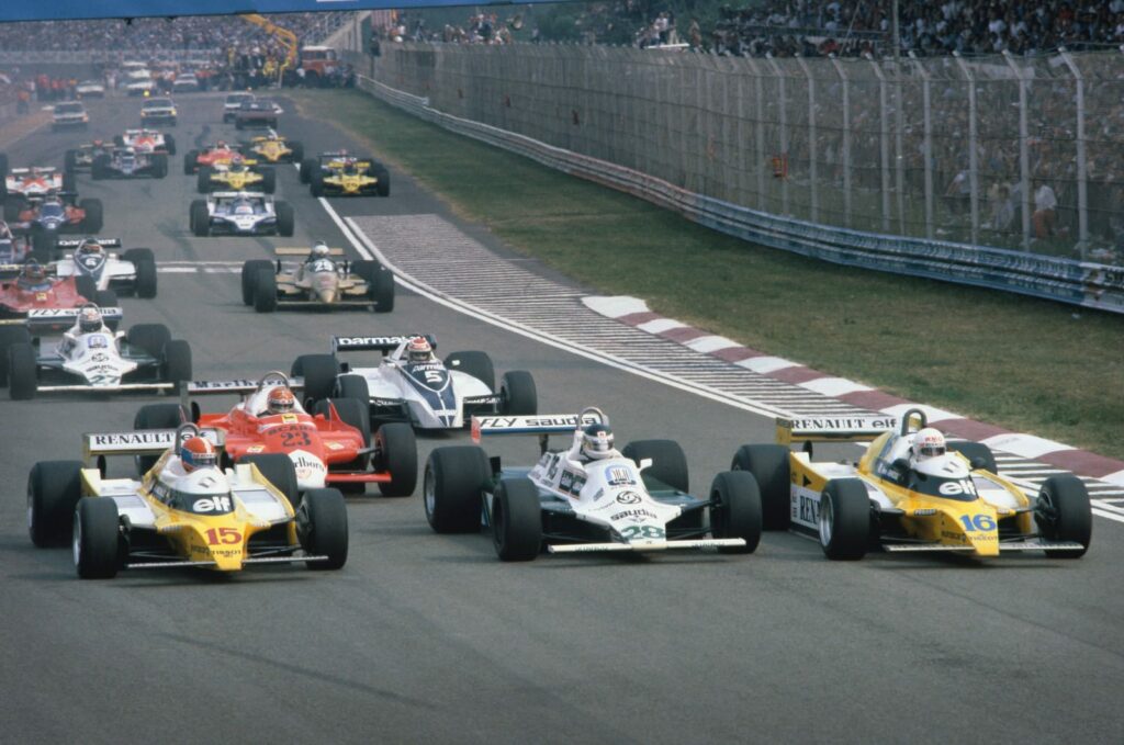 The front three wheel-to-wheel at the start of the 1980 Italian Grand Prix at Imola