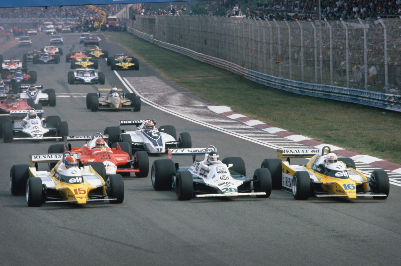 The front three wheel-to-wheel at the start of the 1980 Italian Grand Prix at Imola