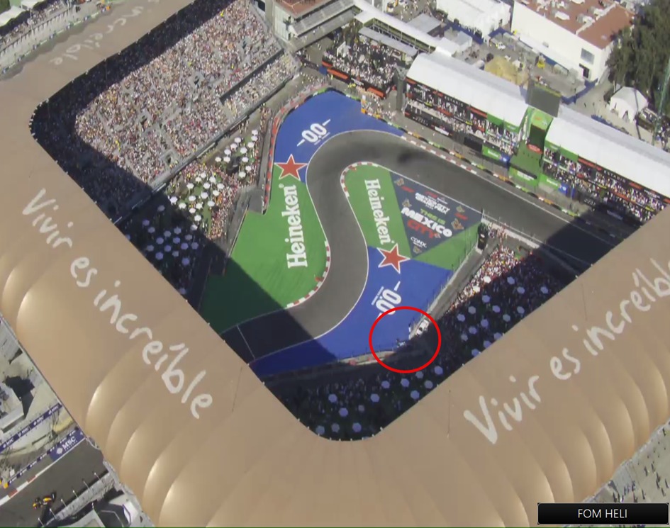 Helicopter footage showing Carlos Sainz's retirement which caused the controversial VSC incident.
