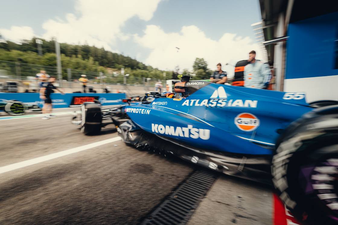 Carlos Sainz leaves the Williams garage in his FW47 for Sprint Qualifying during the 2025 Belgian Grand Prix weekend
