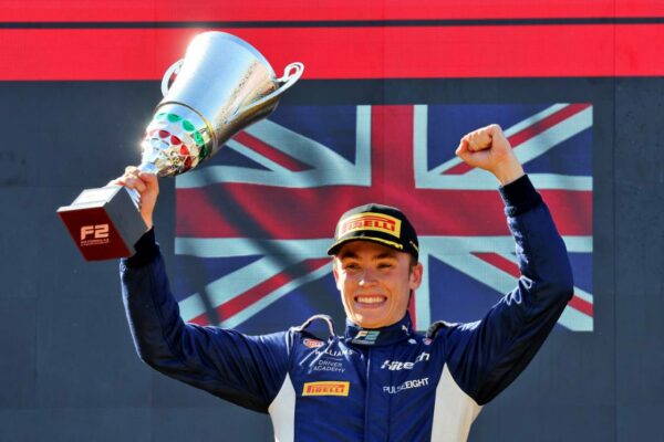 Williams Academy driver, Luke Browning, on the podium after winning the F2 Italian GP in Monza 2025.