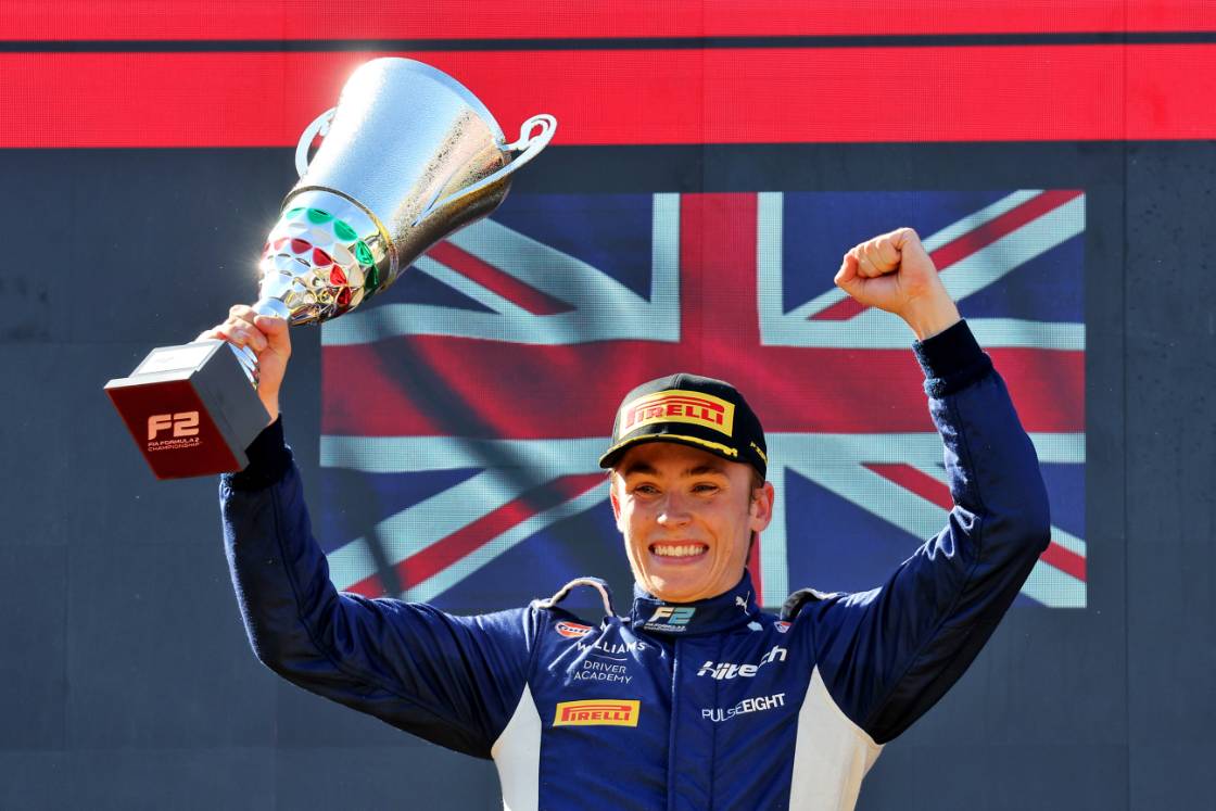 Williams Academy driver, Luke Browning, on the podium after winning the F2 Italian GP in Monza 2025.