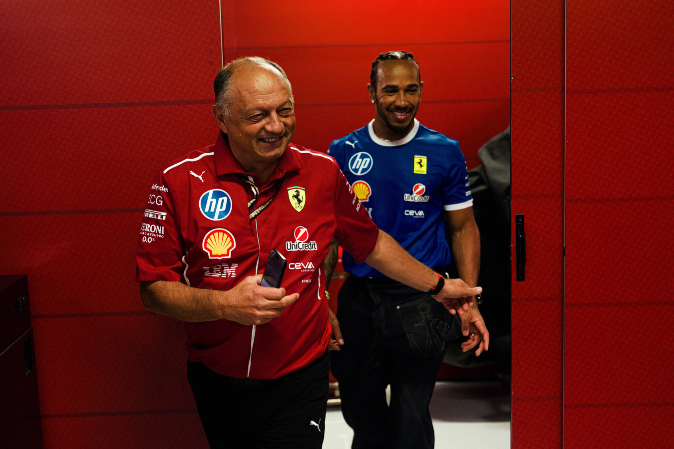 Lewis Hamilton and Ferrari F1 team principal Fred Vasseur during the Italian GP weekend in 2025