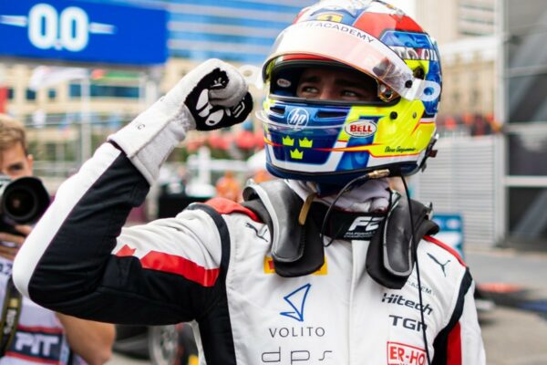 Hitech TGR's Dino Beganovic after his maiden win in the F2 2025 season, Baku Round