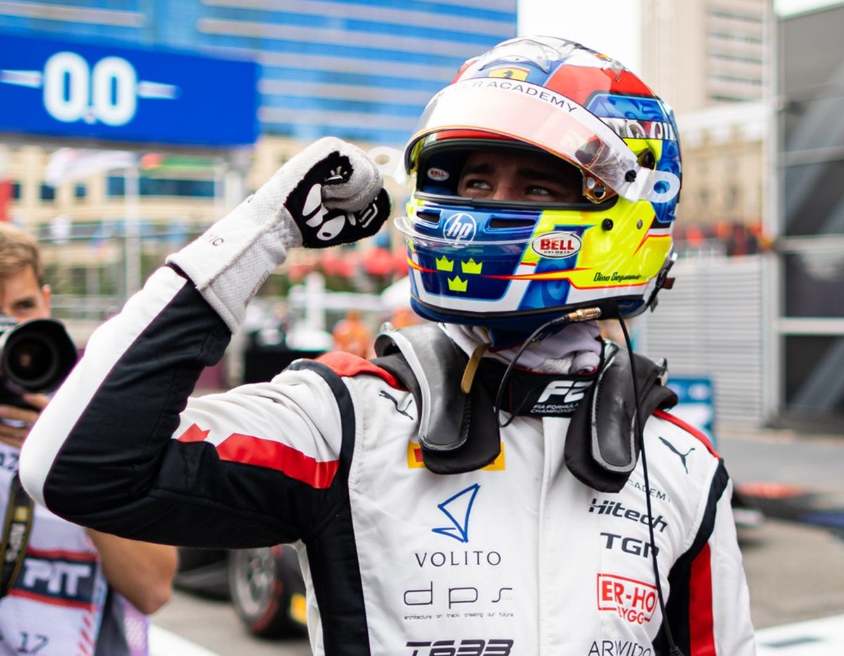 Hitech TGR's Dino Beganovic after his maiden win in the F2 2025 season, Baku Round