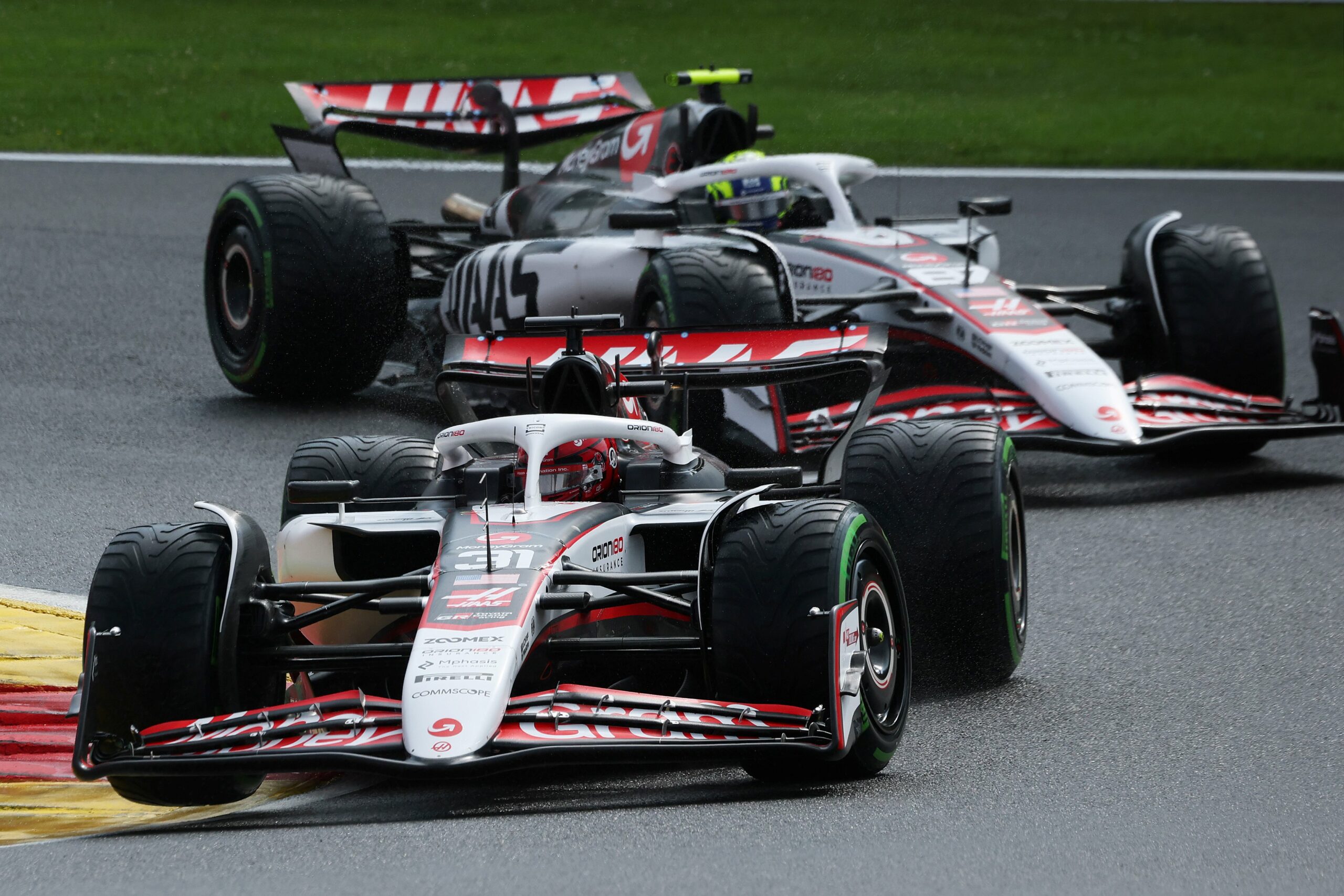 Haas F1 Drivers Esteban Ocon and Ollie Bearman during the F1 Belgian GP