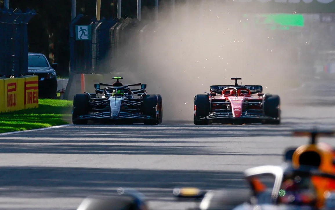 Lewis Hamilton overtakes Charles Leclerc at the 2023 Mexican Grand Prix
