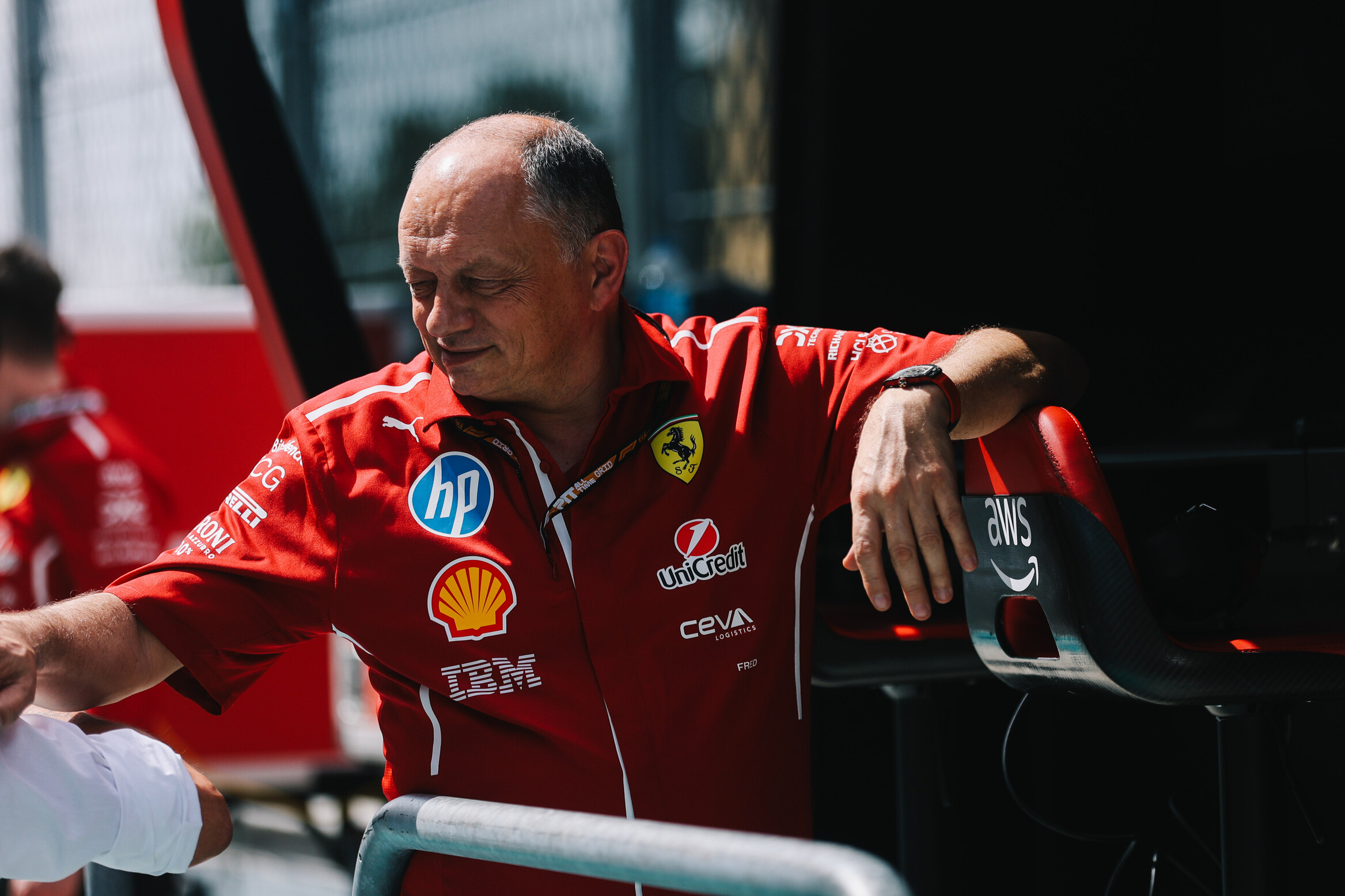 Team principal Fred Vasseur sits at Ferrari pitwall during F1 Miami GP weekend