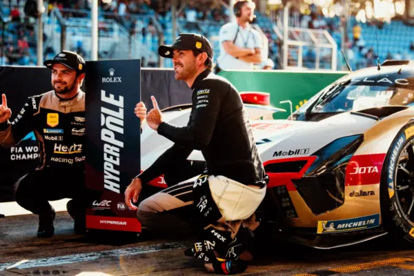 Will Stevens and Kobe Pauwels celebrate São Paulo poles after standout 2026 WEC Hyperpole laps for Cadillac and Aston Martin at Interlagos.