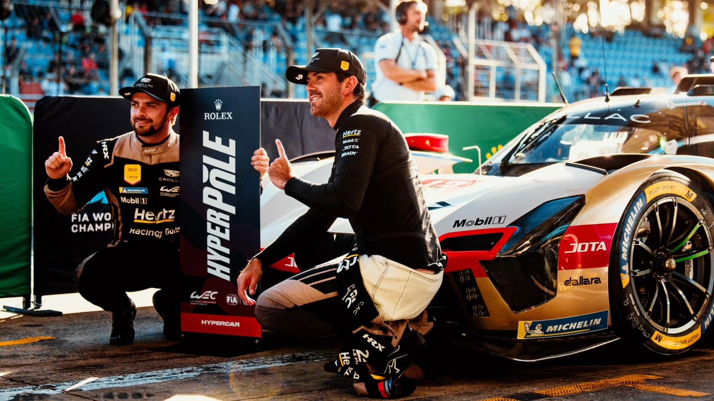 Will Stevens and Kobe Pauwels celebrate São Paulo poles after standout 2026 WEC Hyperpole laps for Cadillac and Aston Martin at Interlagos.