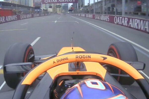 Alex Dunne around the Baku City Circuit after toping the timing in the F2 Azerbaijan GP FP session