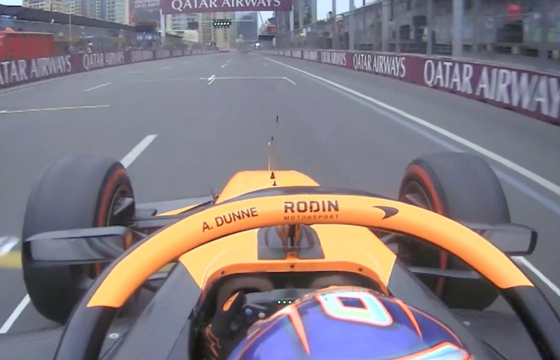 Alex Dunne around the Baku City Circuit after toping the timing in the F2 Azerbaijan GP FP session