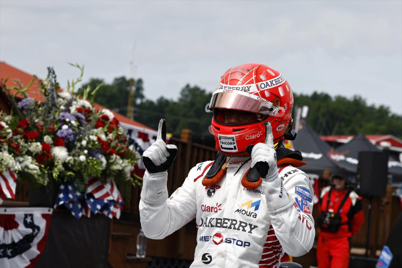 Enzo Fittipaldi celebrates his victory at the Mid-Ohio GP in Indy NXT.